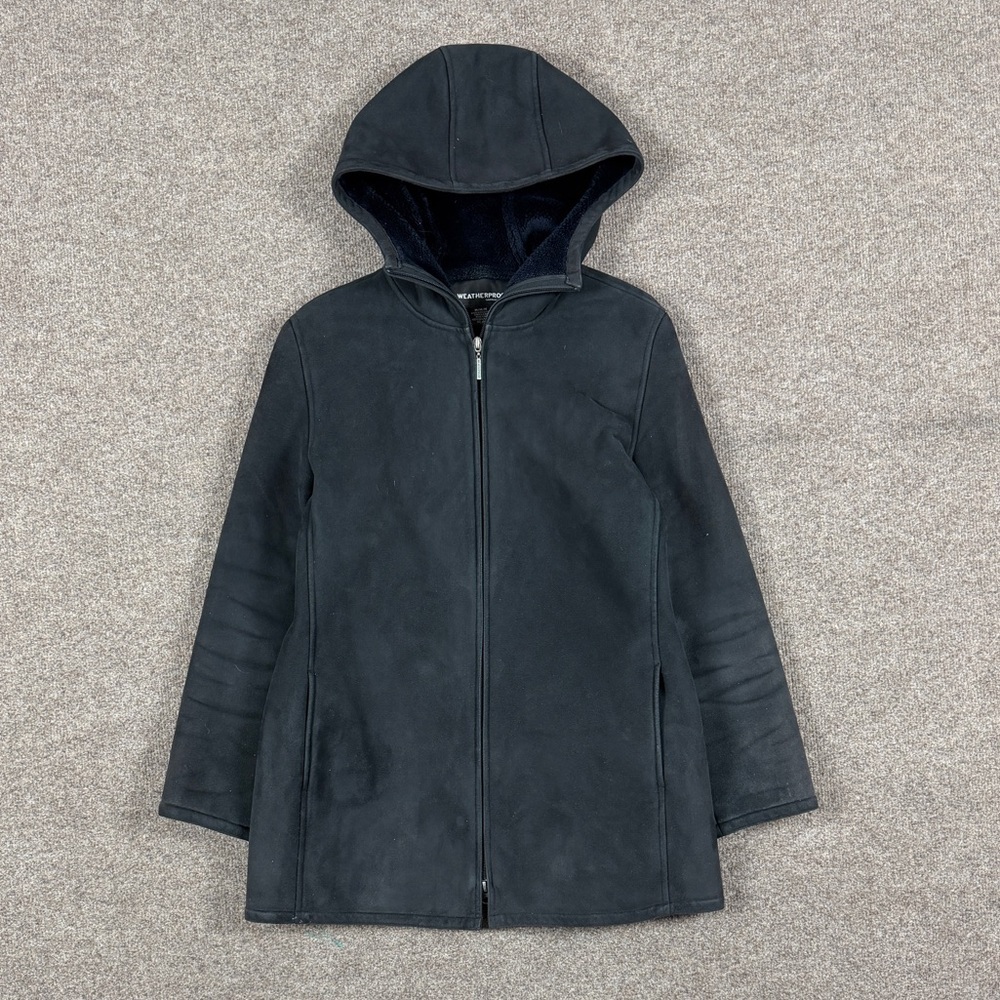 Vintage Weatherproof Black Microsuede Full Zip Hooded Fur Lined Jacket Women’s M